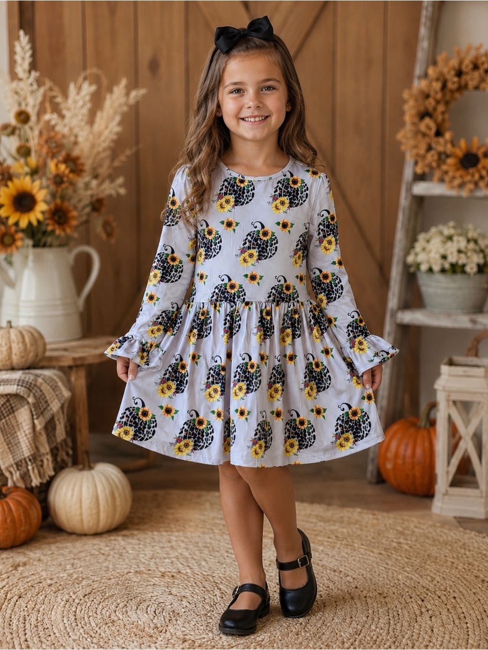 Boutique Girls Leopard Pumpkin Sunflower Dress 7/8 Fall Twirl Ruffle Sleeve